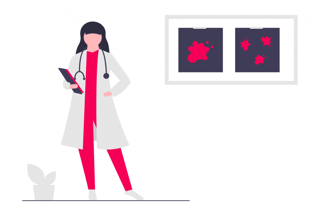 vrouw in ziekenhuiskleding met schilderijen